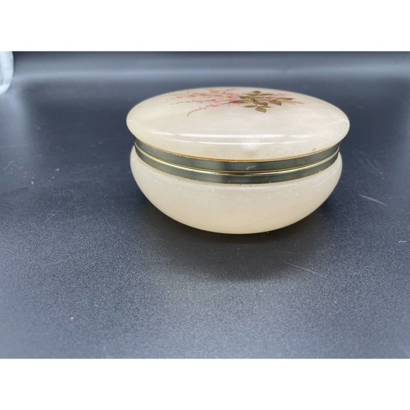 Vintage Alabaster Trinket Box Hand Painted Flowers Jewelry Box Made In Italy - Picture 2 of 7